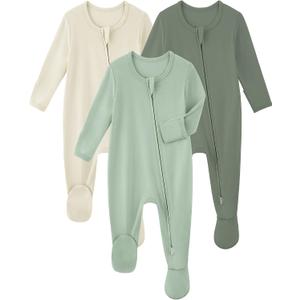 Yoofoss Rayon Made From Bamboo Baby Pajamas 3pcs Newborn Sleepers For Boy Girl Clothes, 0-3 Months Footed Pajamas Zipper Baby Pjs with Mitten, Sage&green&beige