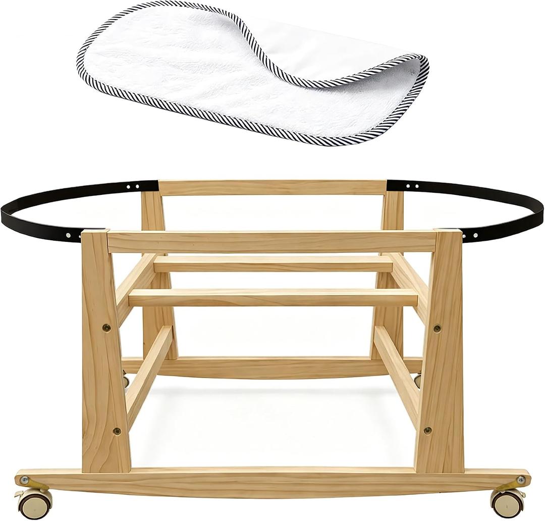 Wooden Bassinet Stand with Foldable Wheels and Change Mat, Rocking Moses Basket Stand for Baby Bassinets, Baby Basket Stand with Waterproof Diaper Changing Pad