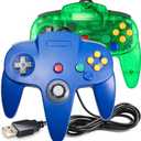 2 Pack Classic N64 Controller, suily N64 Wired USB PC Game pad Joystick, N64 Bit USB Wired Game Stick Joy pad Controller for Windows PC MAC Linux Raspberry Pi 3 Sega Genesis (Clear Green/Blue)