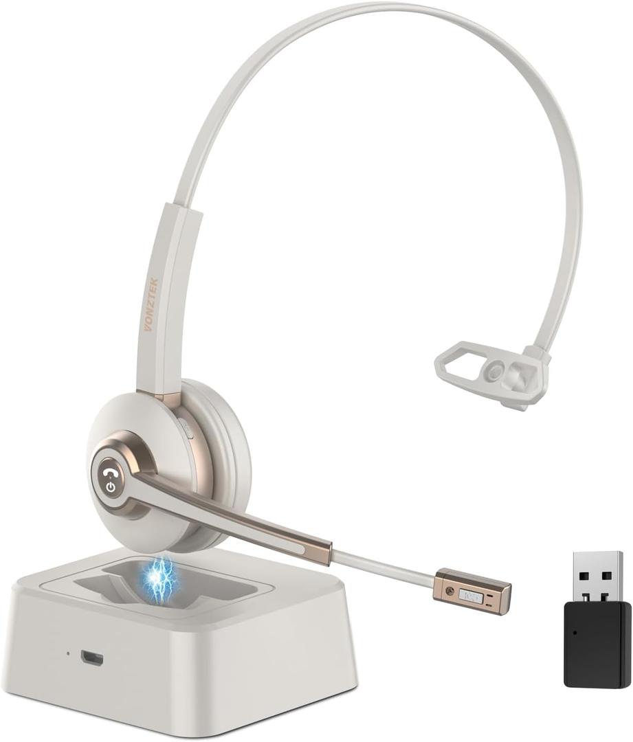 Vonztek Bluetooth Headset with Microphone, Wireless Headset V5.2 with AI Noise Canceling Mic&USB Dongle, Wireless Headphones with Charging Base and Mute Function for Computer/ Phone/ Office/ Skype