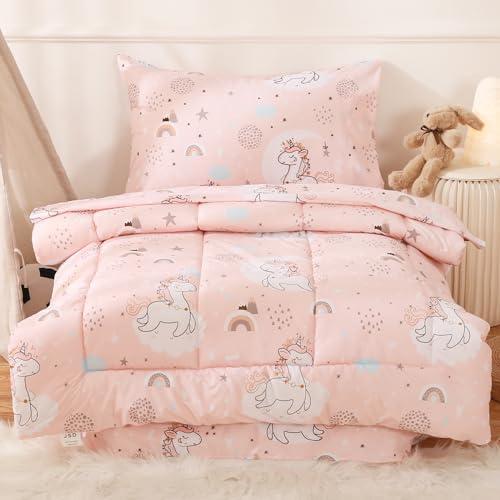 JSD Pink Unicorn Toddler Bedding Set, 4 Piece Bed-in-a-Bag Toddler Microfiber Comforter Sheet Set, All Season Machine Washable