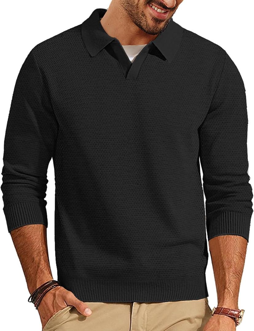 PJ PAUL JONES Mens Sweater Long Sleeve V Neck Pullover Sweater Knitted Textured Sweater (XX-Large, Black)