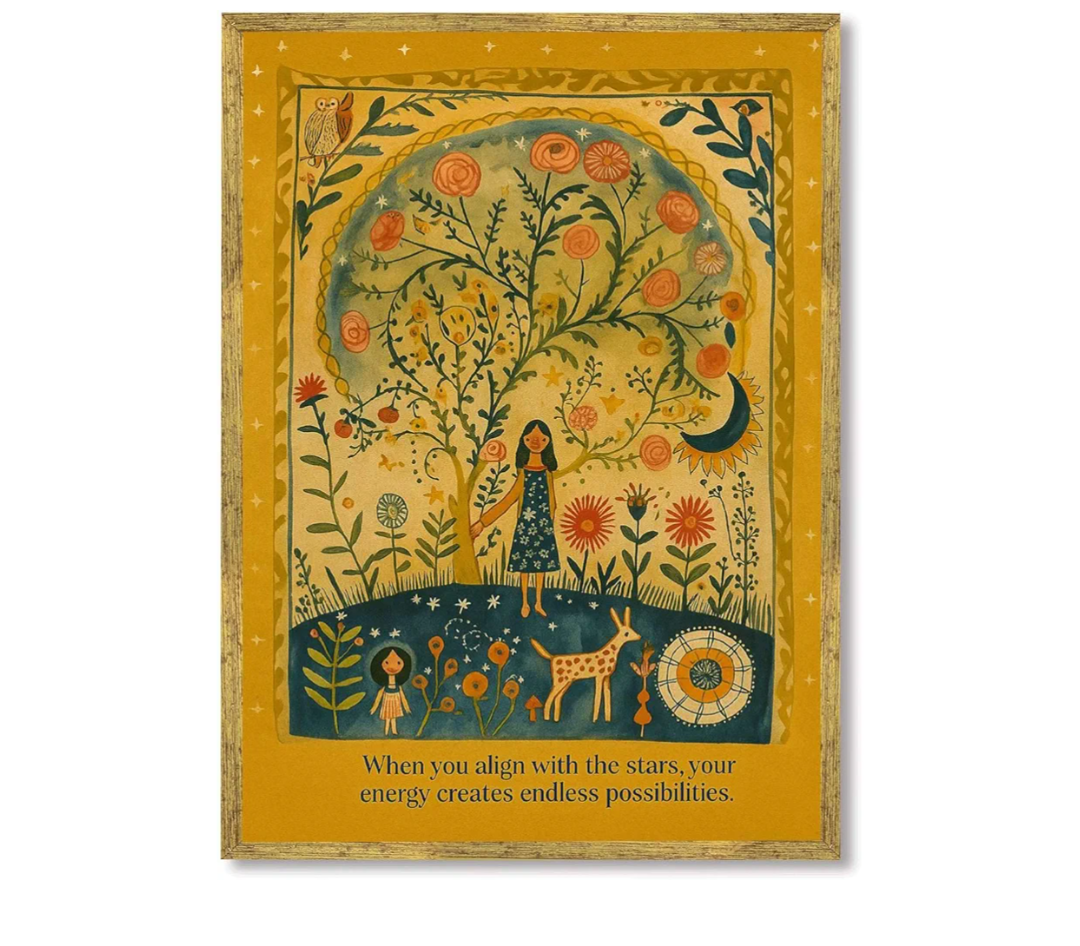 Framed Girl and Floral Tree Poster 3pc. Canvas Print Art Boho Wall Art Painting Pictures Whimsical Art Print Wall Decor Contemporary Home Decor for Living Room Bedroom Apartment (23"L x16"W)