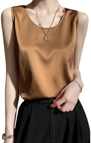 Silk Tank Tops for Women Basic Camisole Top Crew Neck Sleeveless Blouse Summer Cami Tank Casual Tank Shirt (Brown, XL)