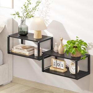 Floating Nightstand Set of 2, Wood Bedside Shelf Wall Mounted Nightstand with Heavy-Duty Frame, Floating Bedside Table for Bedroom, Living Room, Bathroom, Kitchen, (Vintage Black, 2 Pack)