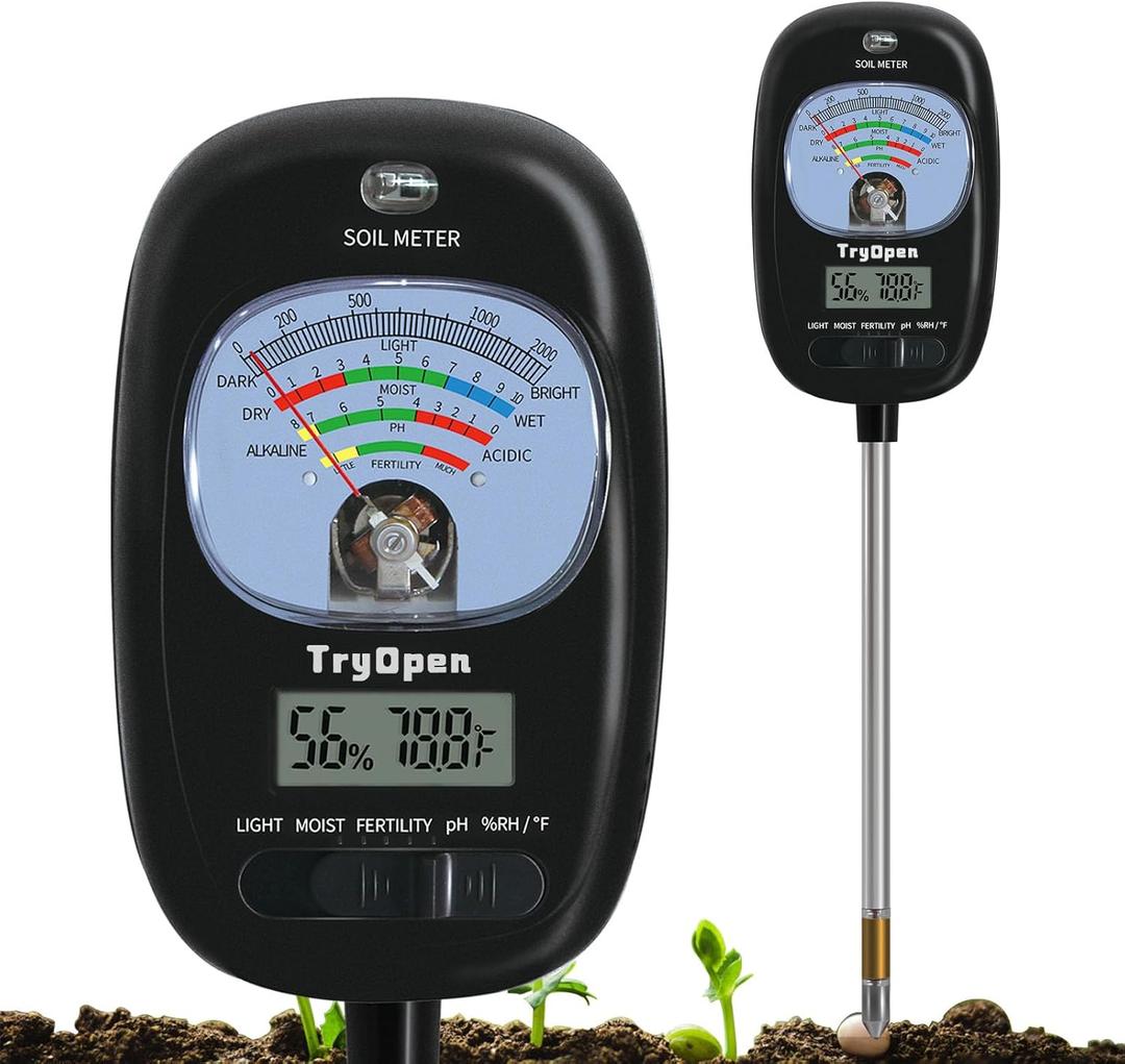 7-in-one Soil Test Kit, Soil Moisture Meter/PH Meter/Sunlight Intensity/Fertility Soil Tester, LCD Display Air & Soil Hygrometer Temperature for Garden, Farm, Lawn Care Moisture Meter for House Plants (Iron Black)