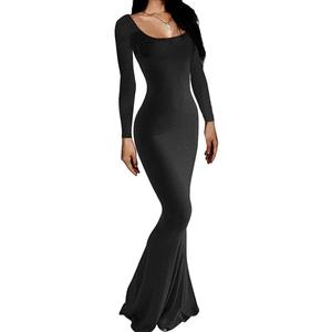 Womens Spaghetti Strap Bodycon Backless Maxi Dress, Color: Long Sleeve Black, Small
