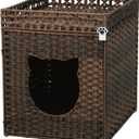 Handwoven Rattan Cat Litter Box Enclosure for Large Litter Boxes, Includes 1 Litter Mat & 2 S-Hook Attachments, Furniture-Grade Hidden House for Living Room, Bedroom, 24.6"x24"x19.88" Brown
