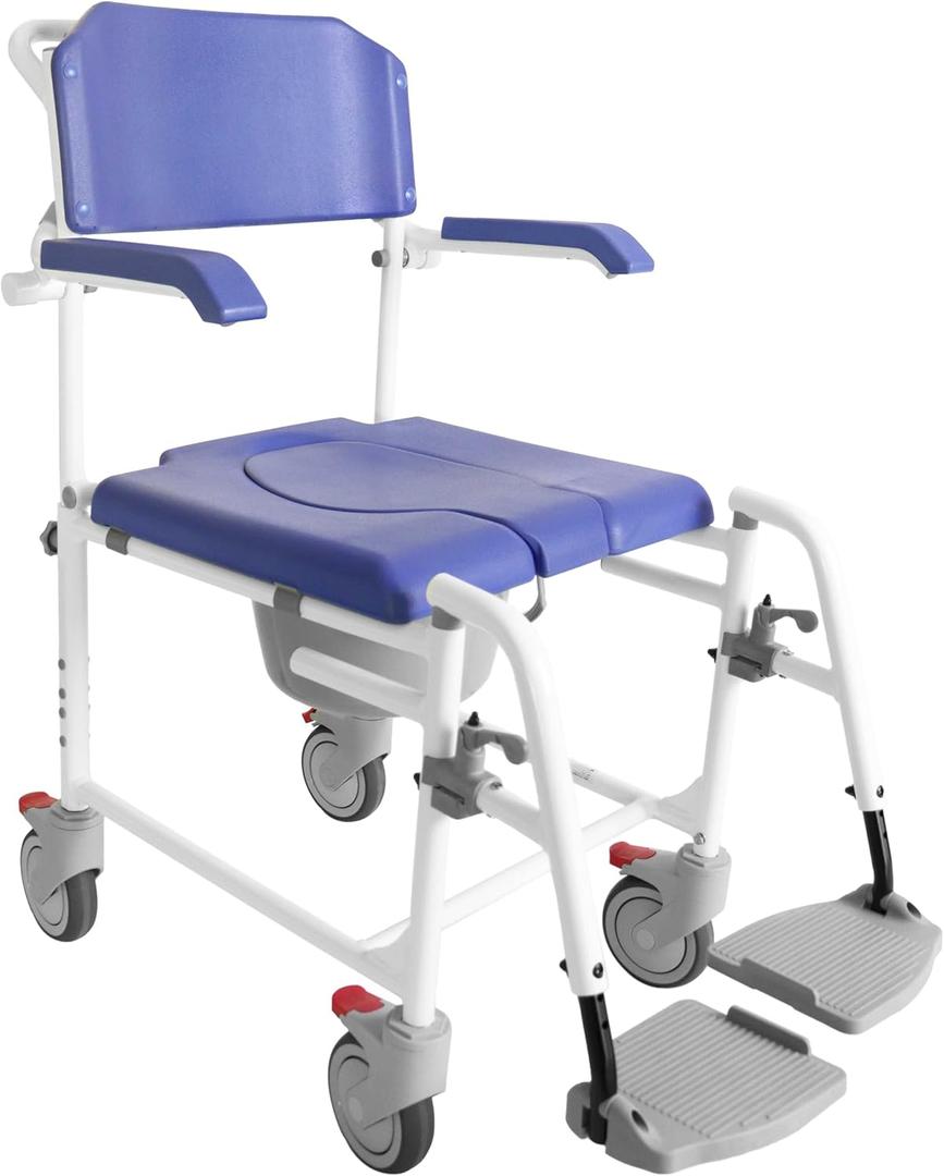 KMINA PRO - Shower Chair with Wheels for Elderly (Version 2.0 Improved Brakes), Adjustable Commode Wheelchairs, Rolling Chair Blue