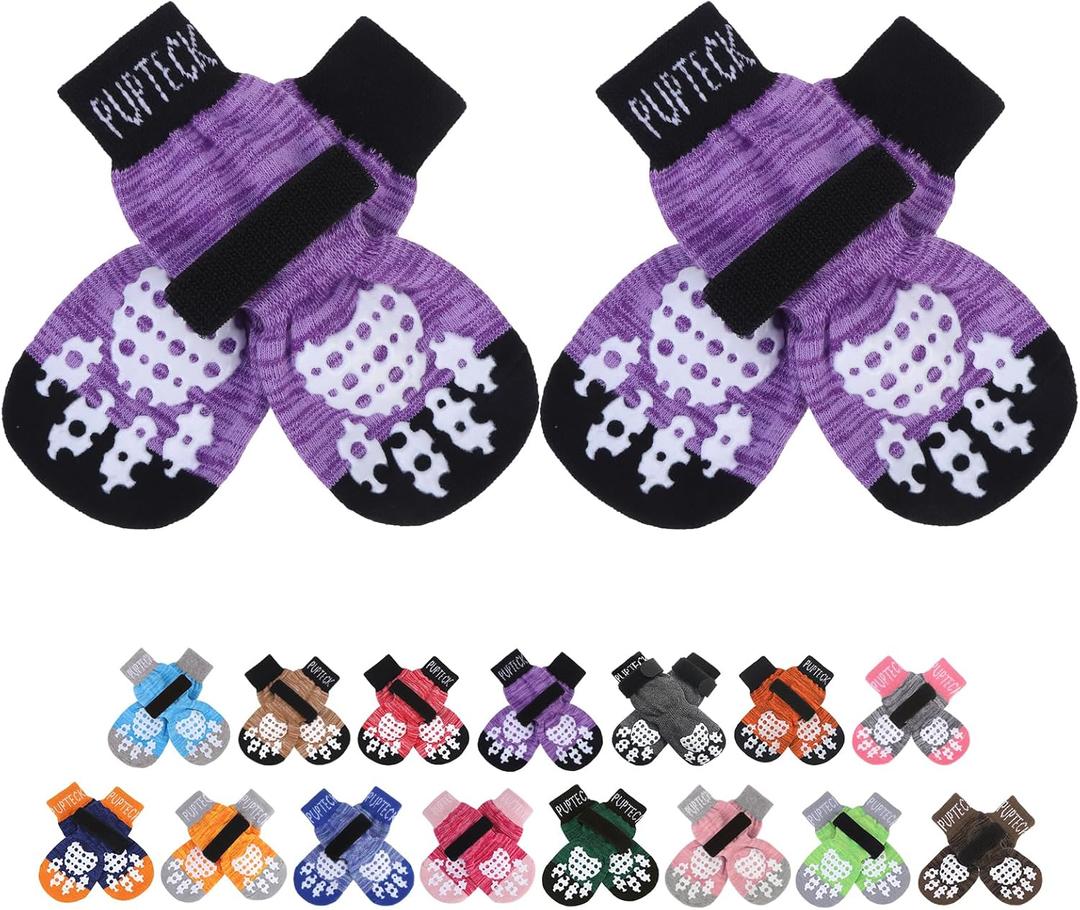 PUPTECK Anti-Slip Dog Socks with Double Sides Grips for Small Dogs Hardwood Floors Prevents Licking, Dog Shoes for Hot Pavement Traction Control Paw Protector for Senior Dogs (X-small (4 Count), Purple)