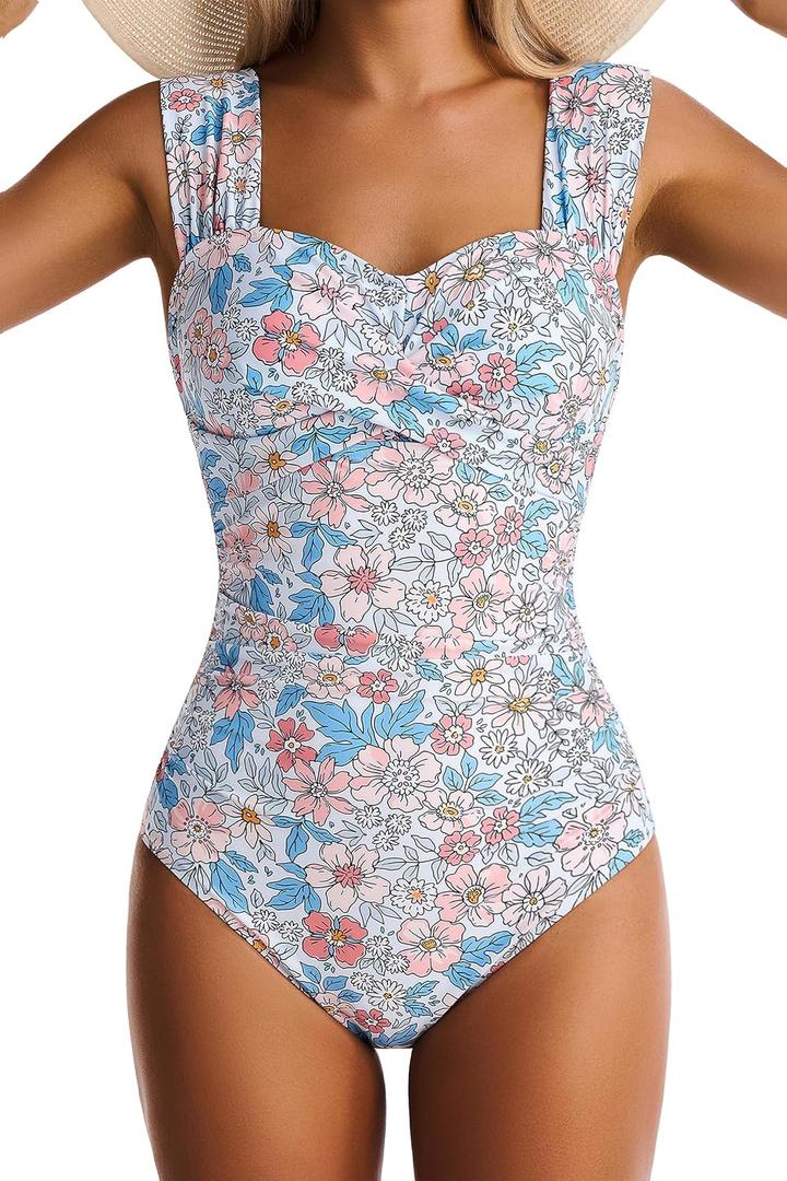 Womens One Piece Swimsuits Tummy Control Bathing Suits Modest Full Coverage Swimsuit Wide Straps Swimwear (Blue)