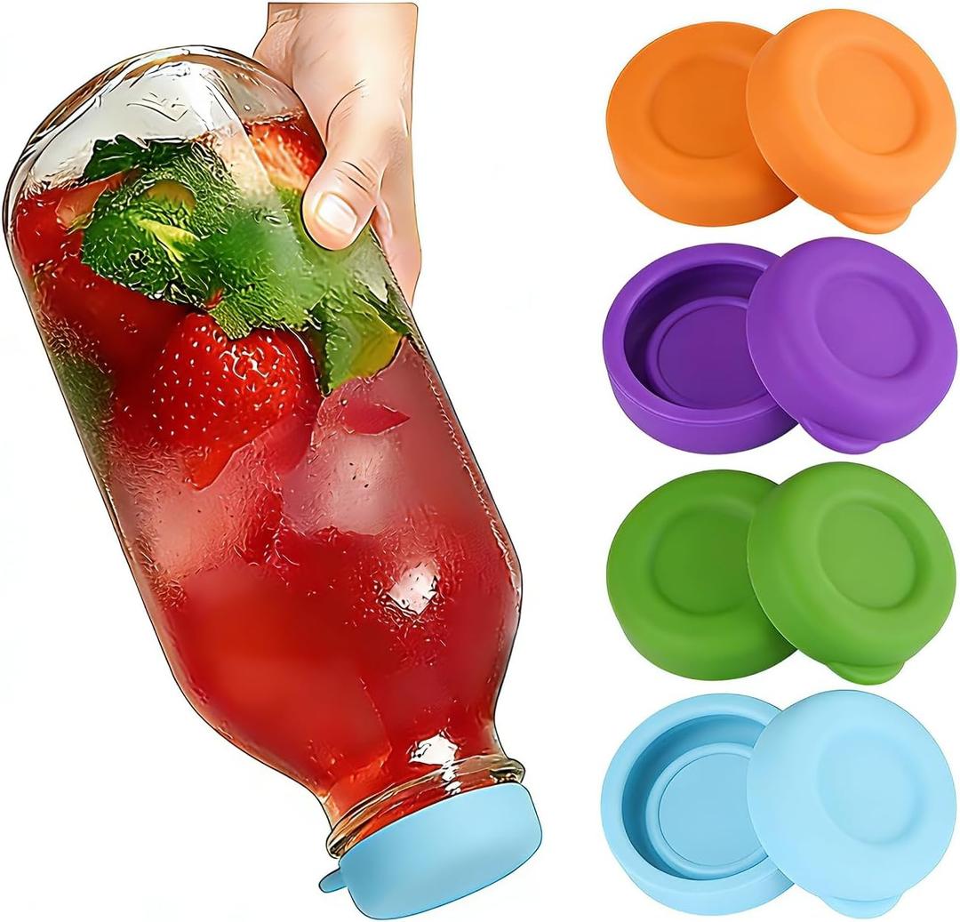 8 Pack Glass Milk Bottle Caps, Reusable Silicone Bottle Covers for 48mm Opening, Leak Proof Milk-Jug-Caps Replacement Compatible with Stanpac Libbey (No Bottles), 4 Colors (Green,Orange,Purple,Blue)