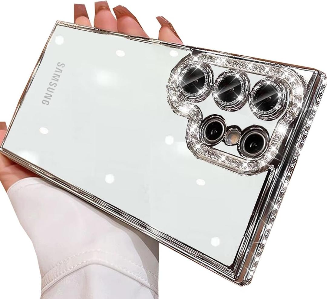 for Samsung Galaxy S25 Ultra Clear Glitter Case,Cute Luxury Bling Sparkly Diamond Rhinestone with Camera Lens Protector TPU Bumper Slim Transparent Women Girl Case for Galaxy S25 Ultra,Silver