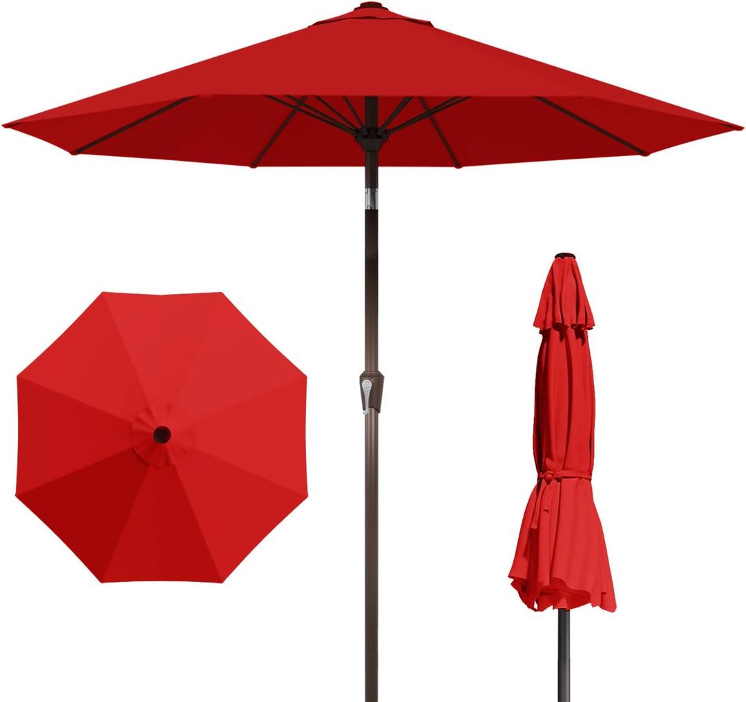9FT Patio Umbrella with Fiberglass Ribs, Outdoor Market Table Umbrella with Crank and Tilt, UV Resistant Waterproof Canopy for Patio, Garden, Deck, Pool, Red