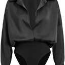 GORGLITTER Women's Deep V Neck Long Sleeve Shirts Bodysuit Satin Button Down Party Night Sexy Leotard Tops (Black) XL