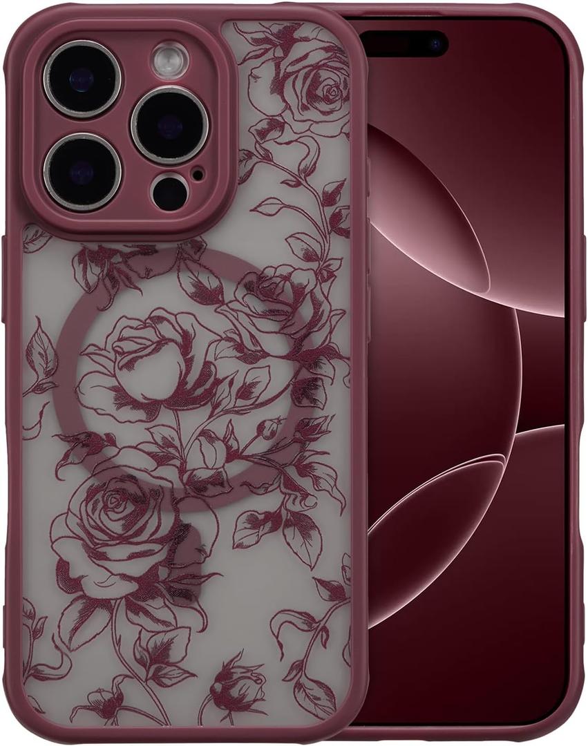 XIZYO Magnetic Case for iPhone 15 Pro Max, Floral Flower Cute Aesthetic Case [Compatible with Magsafe] for Women Girls Rose Pattern Slim TPU Bumper Shockproof Protective Cover, Branch Rose/Wine Red