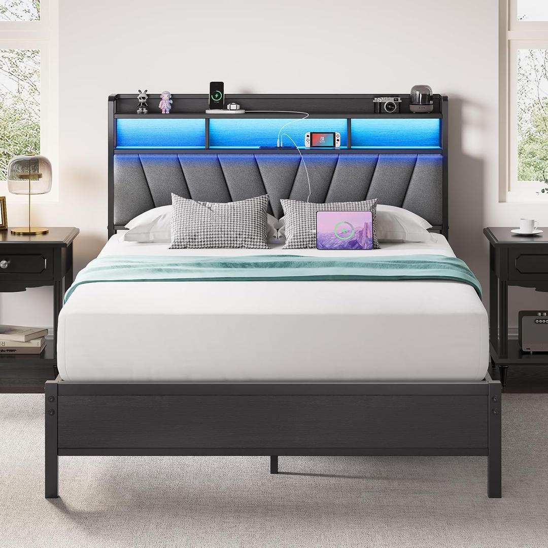 Full Size Bed Frame with Headboard, Metal Platform Bed with LED Lights & Charging Station, 2-Tier Storage, Sturdy and Easy Assembly, Under Bed Storage, No Box Spring Needed, Noise Free, Black
