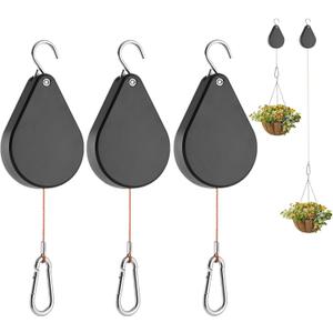 Upgraded Retractable Plant Hanger, Plant Pulleys for Hanging Plants, Easy to Raise and Lower, Auto Lock, Heavy Duty, Adjustable Hook for Garden Baskets Pots, Birds Feeder,(3Pcs,Black)