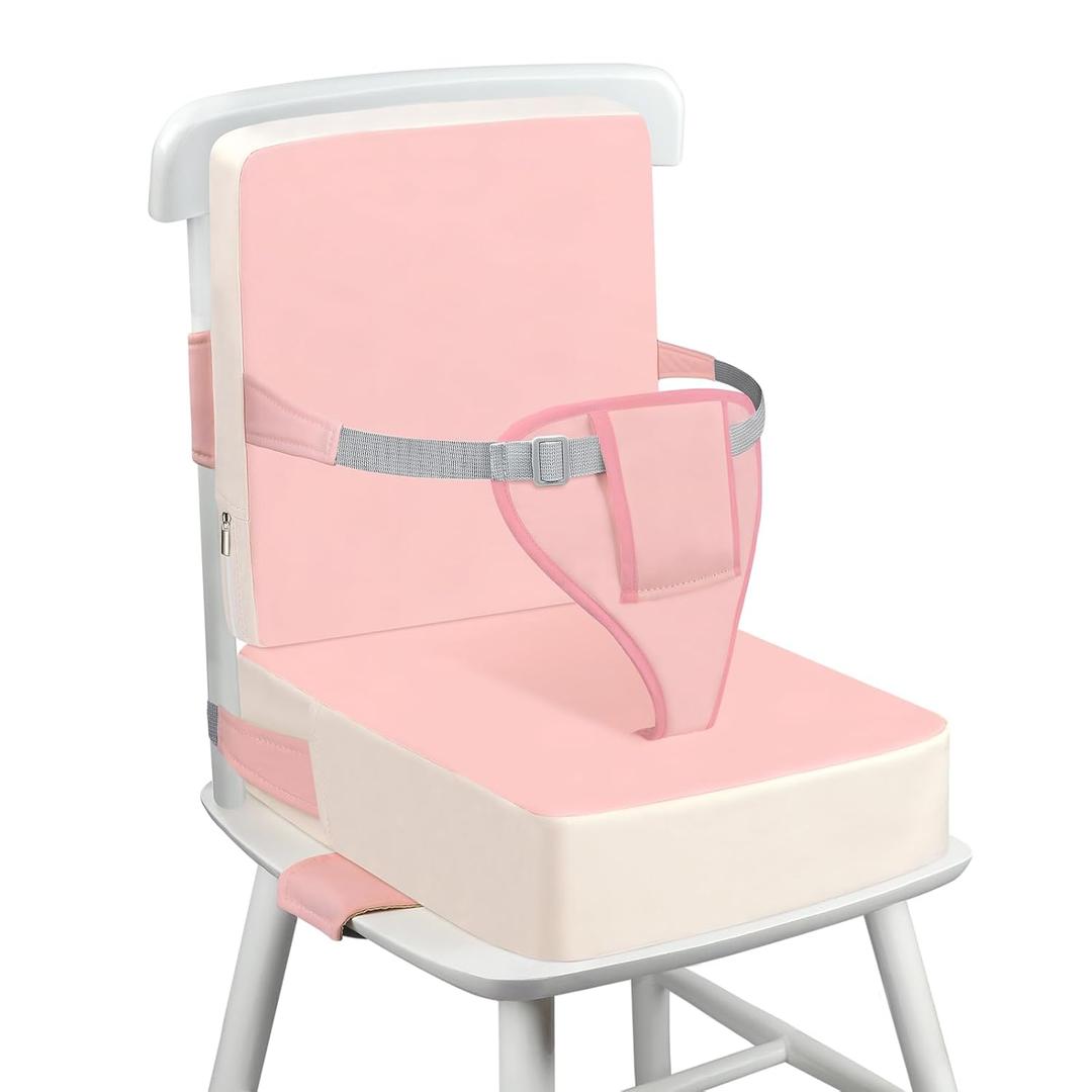 Toddler Booster Seat for Dining Table with Adjustable Straps, Kids Booster Seat for Kitchen Chair with Non-Slip Bottom, PU Anti-Scratch Portable Detachable Increasing Cushion (Pink)