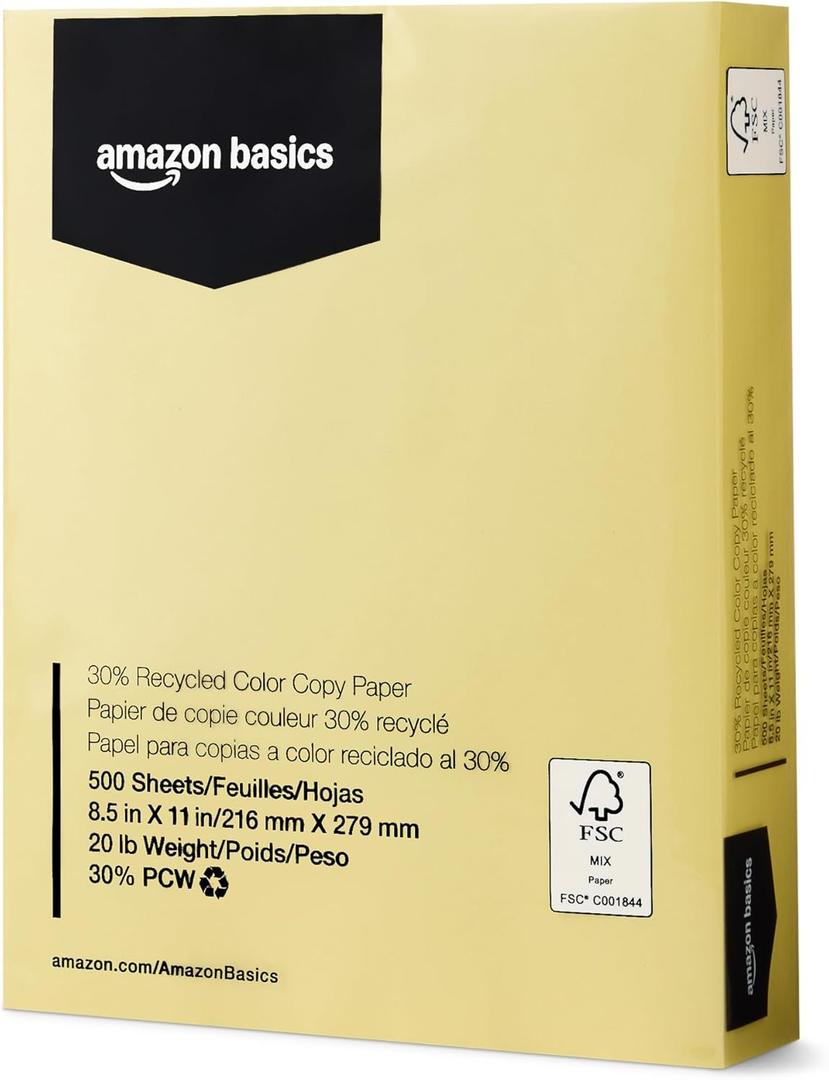 Amazon Basics 30% Recycled Color Copy Paper, 8.5" x 11", 20lb, 500 Sheets, Pastel Canary
