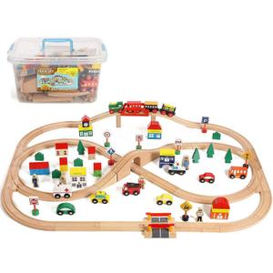Wooden Train Set 100 Piece All in One Wooden Toy Train Tracks Set with Magnetic Trains and Railway Accessories, Comes in A Clear Container, Compatible with All Major Brands