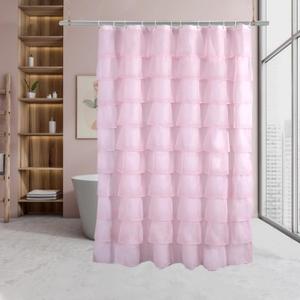 REISEN Pink Ruffle Shower Curtain Farmhouse Fabric for Bathroom Sheer Shower Curtain, 72 x 72 Inches