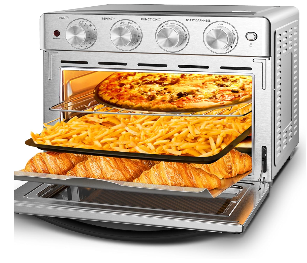 Geek Chef Air Fryer Toaster Oven 26 QT, Large AirFryer Convection Countertop Oven Combo with Easy Bake, Roast, Broil, Warm, 6 Slice Toast 7-in-1 Functions, 3 Layers with 4 Accessories,Stainless Steel