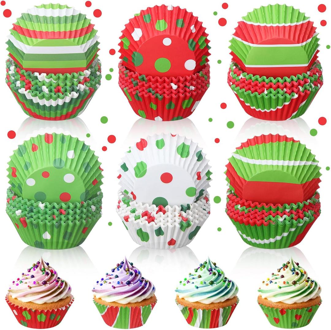 Vesici 600 Pcs Christmas Cupcake Liners Red Green Candy Pattern Christmas Baking Supplies Muffin Cupcake Wrappers for Xmas Holiday Birthday Party Cake Candy Chocolate Decorations Supplies