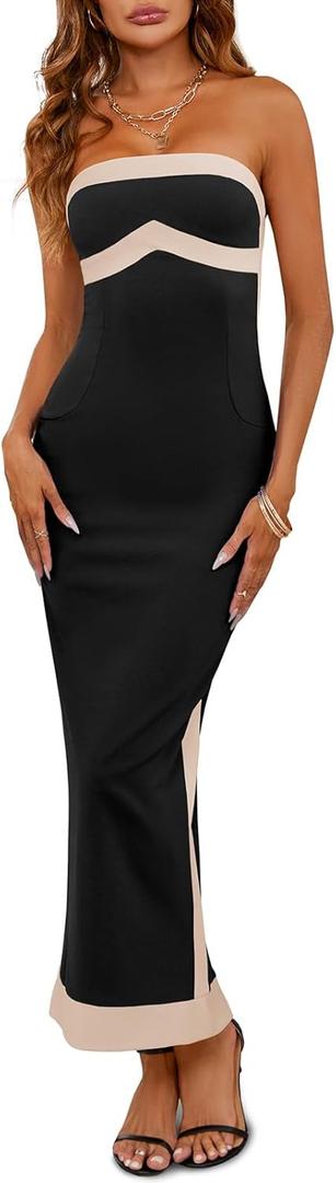 Fisoew Womens Strapless Bodycon Dress Sexy Contrast Color Off Shoulder Party Tube Maxi Dresses (Medium, Black)