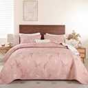 Drucon Blush Pink Quilt Set King Size 3 Pieces Floral Branch Botanical Quilt Bedspread, Reversible Floral Leaves Pattern Lightweight Microfiber Bedding Coverlet Set for All Season