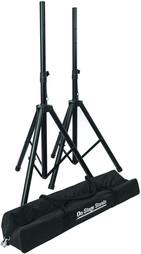 On-Stage SSP7750 Compact Speaker Stand Pack (Pair, Folding, Portable, Tripod Base, Loudspeaker Setup, Carrying Bag, Adjustable Height, Nonslip Rubber Feet, 1 3/8 or 1 1/2 Pole, Aluminum, Black)