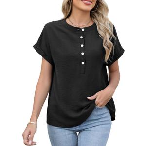 Deer Lady Summer Tops for Women 2025 Trendy Short Sleeve Loose T Shirs Dressy Casual Button Up Crew Neck Henley Blouses Top (Large, Black)