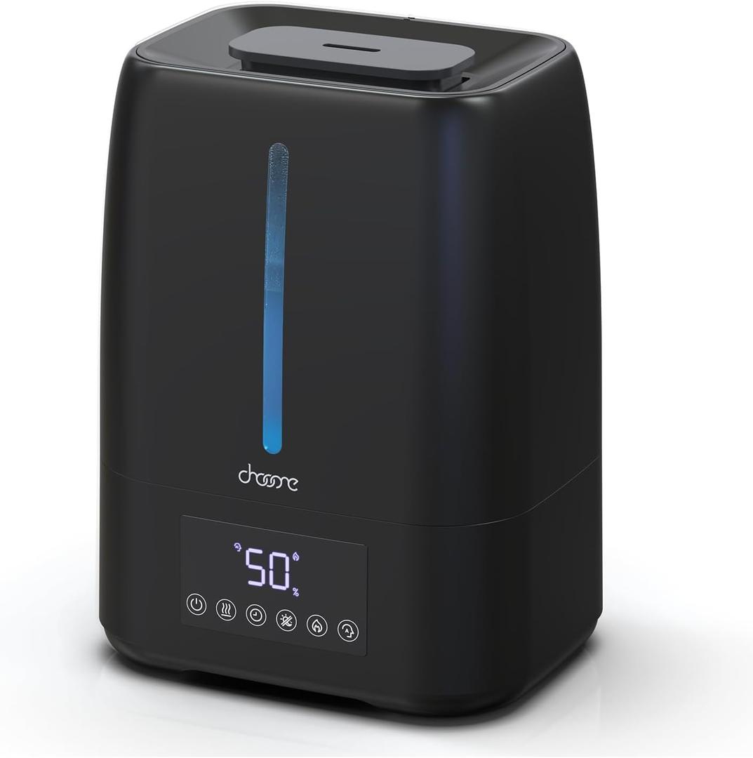 6L Top Fill Ultrasonic Humidifier - Cool and Warm Mist for Bedroom, Baby, Large Rooms & Plants, Smart Humidity Control, Aroma Diffuser, Night Light, 12H Timer, Quiet, Black