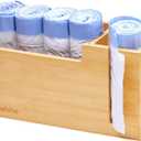 Bamboo Small Trash Bag Dispenser 1.2-4 Gallon, No-Drill Adhesive Wall Mount Mini Garbage Bag Holder, Adjustable Cabinet Door Organizer & Desk Caddy for Home & Office