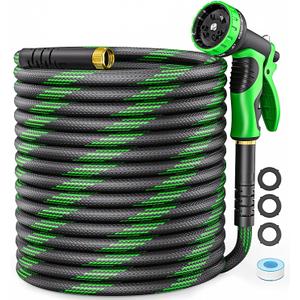 Non-Expandable Garden Hose 50 FT, Heavy-Duty & Flexible Water Hose with 10-Function Nozzle, Kink-Free & Leak-Proof Design, Ultra Lightweight Portable Yard Hose for Lawn, Car, Outdoor Use