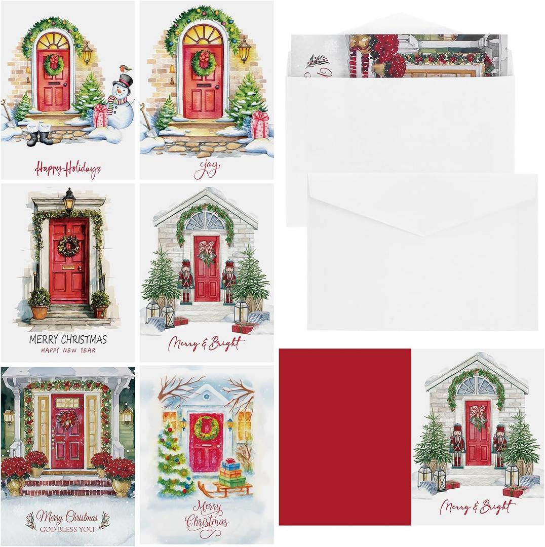 48 Pcs 4x6 Inch Christmas Red Doors Card with White Envelopes Holiday Greeting Cards Thank You Merry Christmas Welcome Cards Xmas Money Gift Card Holders