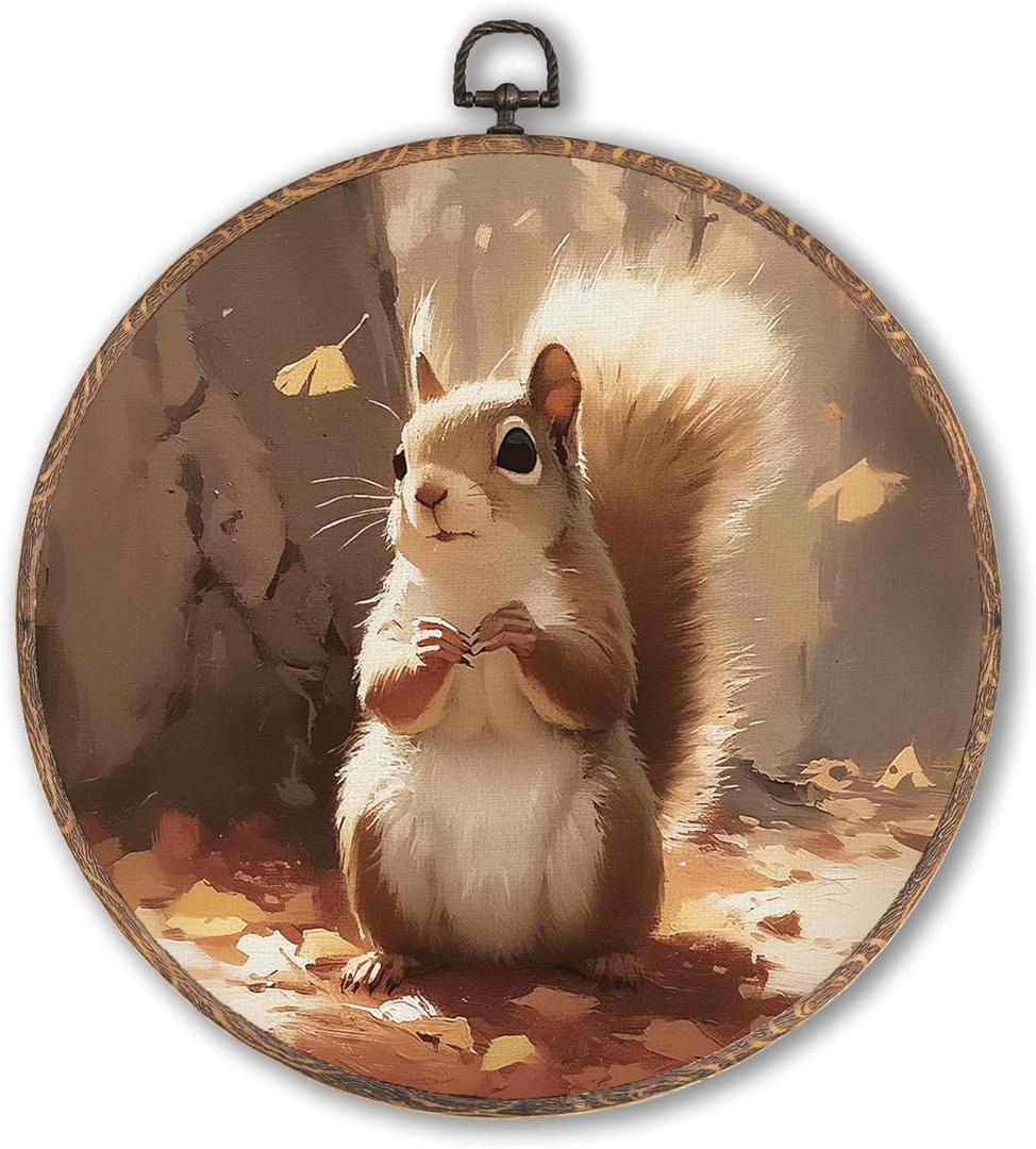 Hxlac Fall Squirrel Round Wall Art Framed, Fall Animal Maple Leaves Round Wall Decor, Rustic Autumn Squirrel Hanging Canvas Prints Wall Sculptures for Farmhouse Home Living Room Decor, 10x10 Inch