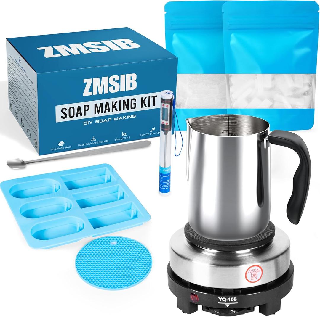 ZMSIB Soap Making Kit with 900ml Stainless Steel Melting Pot | All-in-One DIY Soap Making Kit with Silicone Mold | Digital Thermometer | Soap Base | Mixing Spoon | Heat Resistant Mat & Electric Stove ZMSIB Soap Making Kit with 900ml Stainless Steel Melting Pot | All-in-One DIY Soap Making Kit with Silicone Mold | Digital Thermometer | Soap Base | Mixing Spoon | Heat Resistant Mat & Electric Stove
