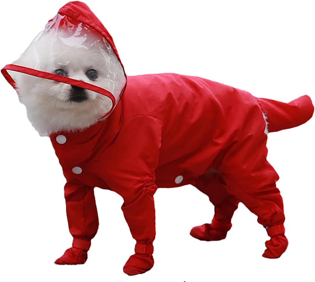 Dog Raincoat with Hood, Waterproof Full-Coverage Reflective Rain Jacket Quick-Drying Rain Poncho and Shoes for Small Medium Large Dogs,Red,S (SBack Length 8'')