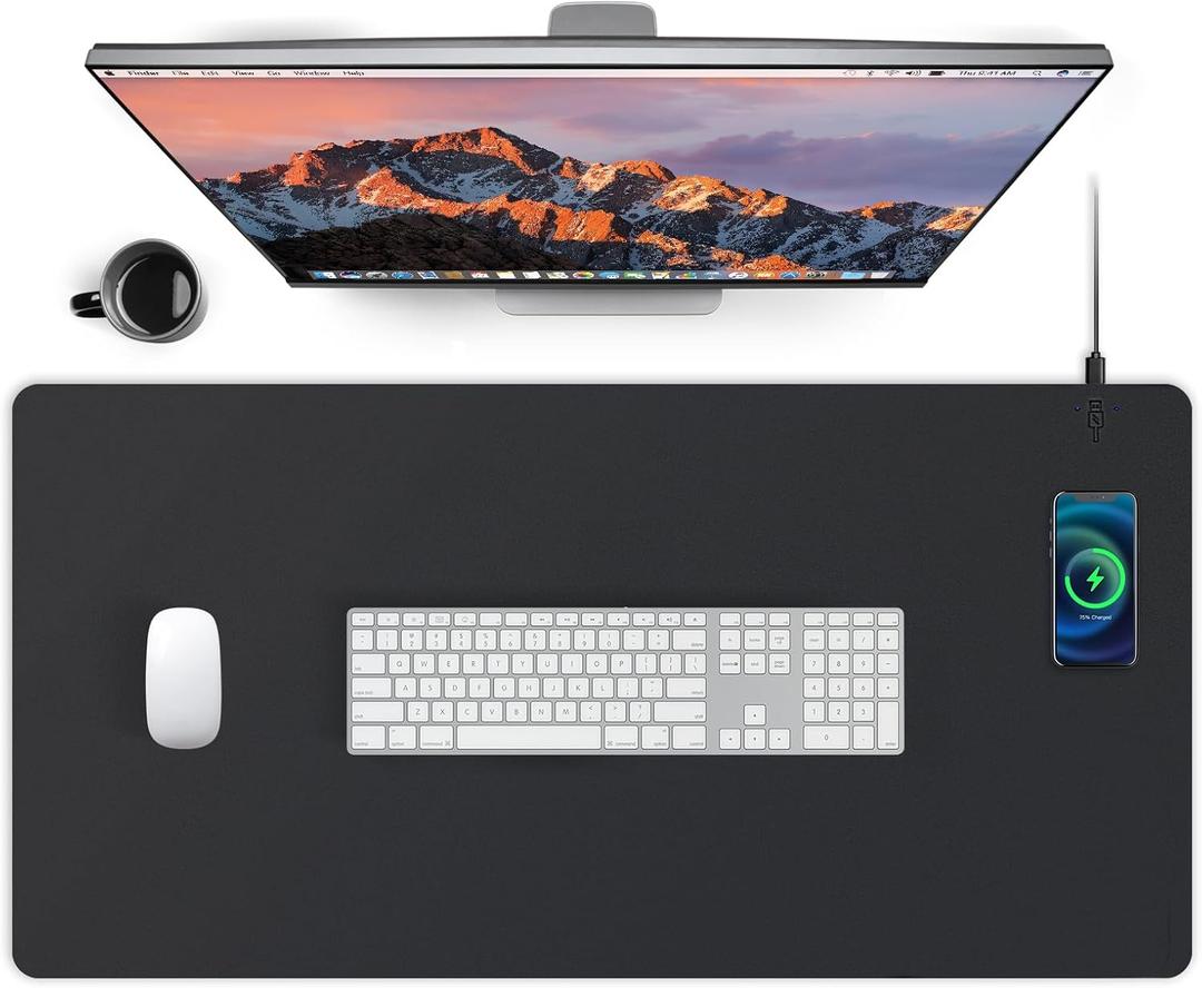 Mouse Pad with Wireless Charging, PU Leather Fast Charging Gaming Mouse Pad, Waterproof Anti-Slip Surface, Easy Clean Office Table Mat, 32L x 16W x 0.15H inches, Black(Right Side Charging Port)