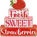 4 Pcs Strawberry Table Decorations Strawberry Table Centerpiece Farmhouse Fresh Sweet Wooden Sign Summer Tiered Tray Decor Books Stack Signs Block for Coffee Home Office Decorations Shelf
