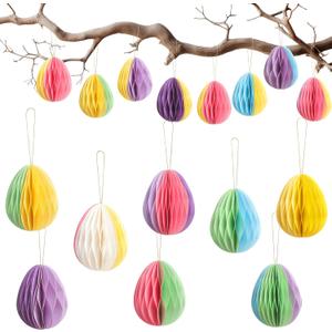 Chiisong 16 Pcs Easter Decorations Eggs Hanging Ornaments Paper Honeycomb Eggs Tree Decorations Magnetic Easter Ornaments for Hunt Basket Party Supplies Indoor Outdoor (Mix Color)