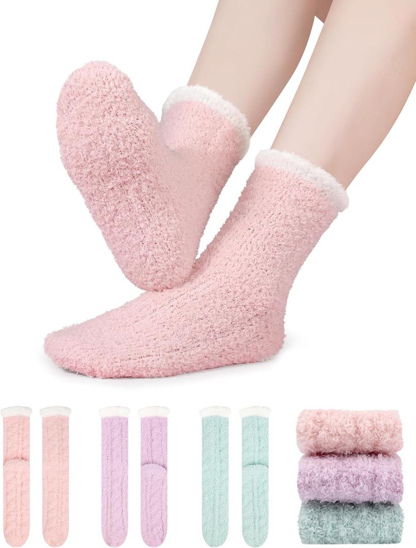 3 x 3 Pairs Fuzzy Socks for Women, Cozy Ladies Socks, Christmas Gifts & Stocking Stuffers, Warm Winter Gift (Pink-purple-green)