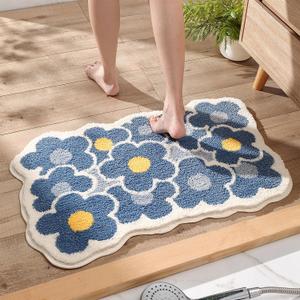 Bath Rug for Bathroom Super Soft Fluffy Rug Home Floor Mat Floral Carpet Water Absorption Machine Washable Bath Mat for Bedroom, Living Room and Bathroom, 19.6 x 31.5 Inches, Blue Flower
