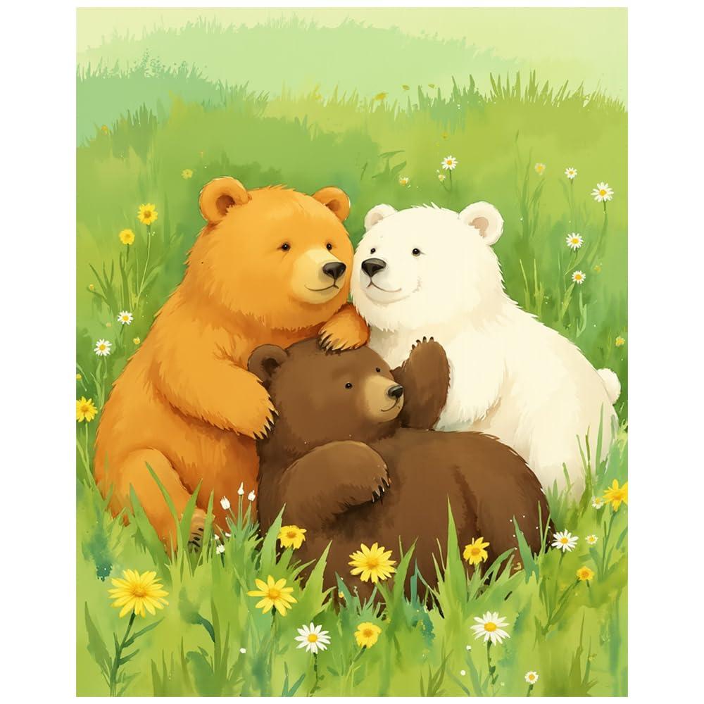 EnLvYY Paint by Numbers for Adults, DIY Acrylic Canvas Painting Kit, Three Bears Family in Flower Meadow, Gift for Beginners and Kids,12X16IN Framed