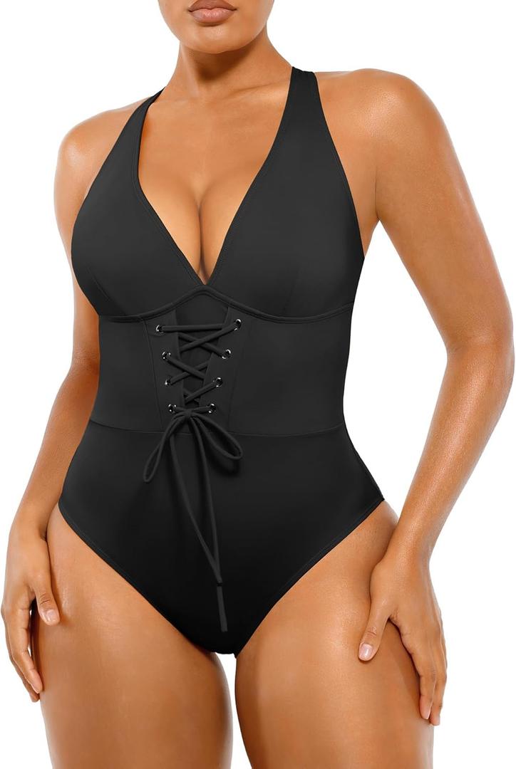 SHAPELLX Women One Piece Swimsuits Tummy Control Bathing Suits Push Up Slimming Swimwear with Built-in Bra V Neck Black, XL