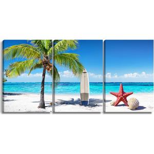 Pormipone 3 Pcs Summer Beach Wall Art Decor, Coconut Tree Canvas Painting Posters,Seaside Starfish Shells Hawaii Pictures for Living Room Bedroom Home Decoration 12 * 18(Poster No Frame)