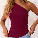 PRETTYGARDEN Womens 2025 Summer Y2K Tops Sleeveless One Shoulder Slim Fit Shirts Ruched Knit Asymmetrical Top Blouse (Red, XXL)