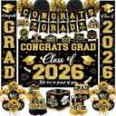2026 Graduation Decorations - Black Gold Congrats Grad Party Supplies include Card Box, Backdrop, Banner and Balloons for Class of 2026 Decorations Set