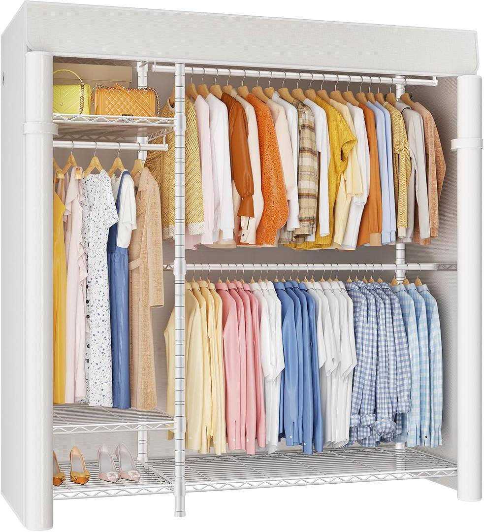 F7C Clothes Rack with Cover, Covered Clothing Rack Heavy Duty | Adjustable Garment Rack with Shelves, Portable Closets for Hanging Clothes, Max Load 770 Lbs, White Rack with White Cover